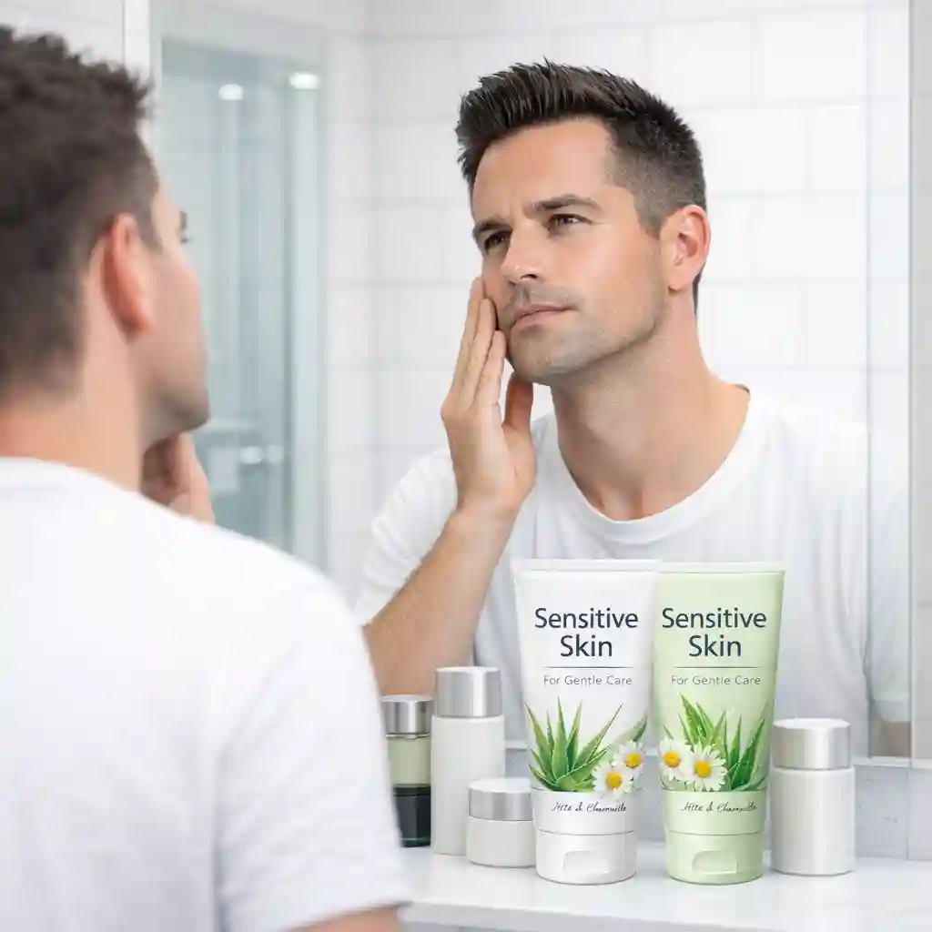Focusing on various skin types like sensitive, oily, or dry when choosing a facial hair removal cream, this image helps men identify which specific formulas will work best for their unique skin requirements and concerns.