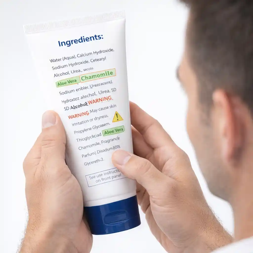 A helpful checklist of ingredients to look for and red flags to avoid when purchasing a high-quality facial hair removal cream, ensuring that the product contains soothing agents like aloe vera and lacks harsh alcohols.
