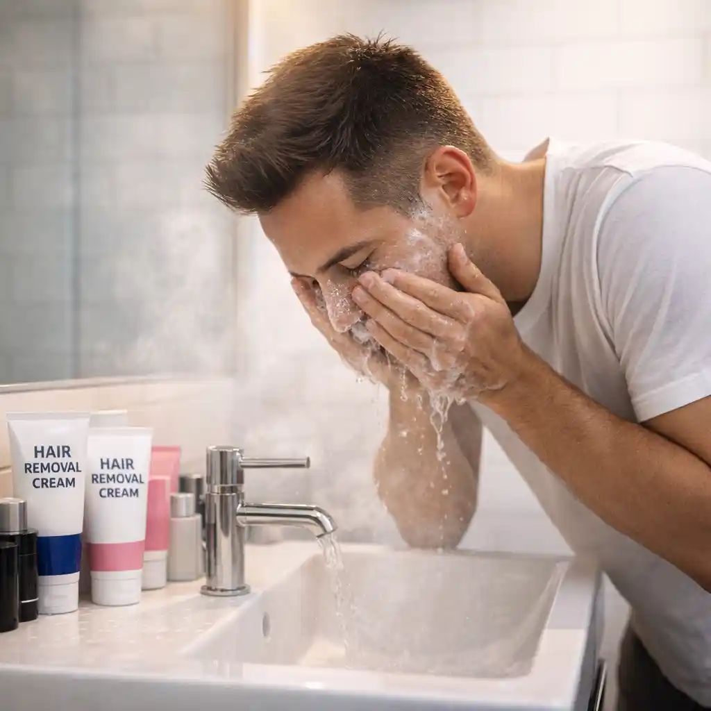 Step-by-step preparation instructions for cleaning the skin before the application of facial hair removal cream, emphasizing the need for a clean and dry surface to maximize the product's effectiveness and minimize potential irritation issues.