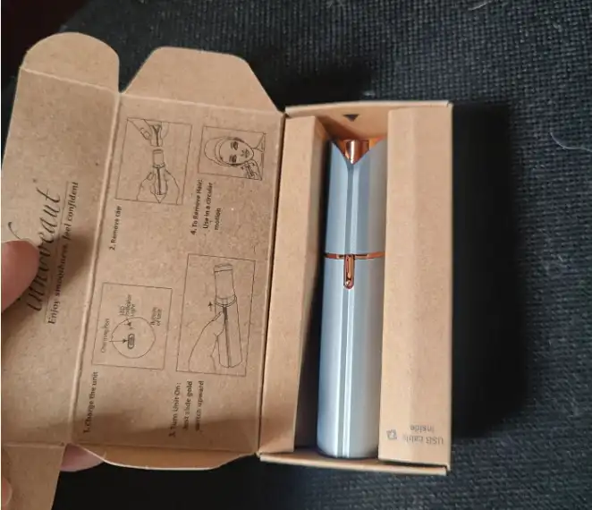 Demonstrating the portable convenience of the Finishing Touch Flawless which is a discreet and elegant facial hair removal machine perfect for removing peach fuzz and stray hairs instantly and completely without pain.