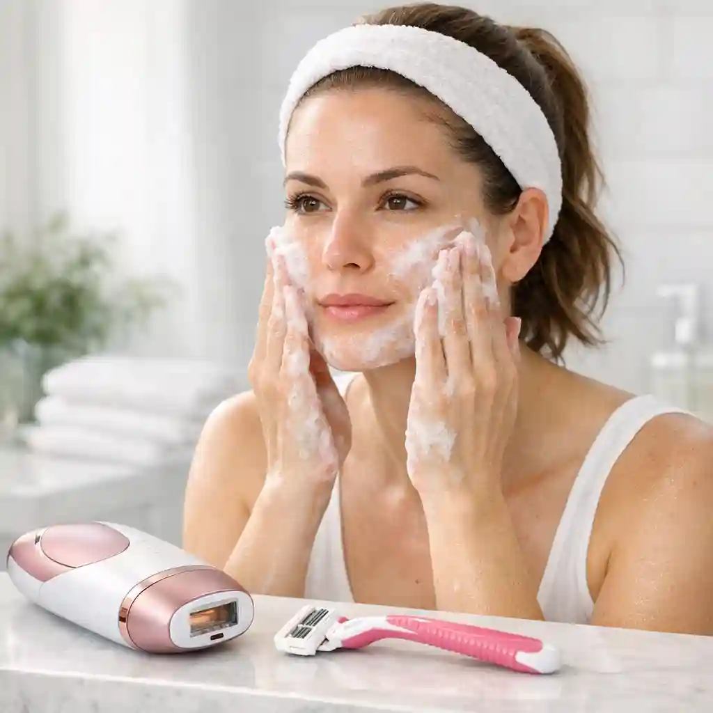 Illustrating the essential pre-treatment steps needed to prepare your skin for a successful session with your new facial hair removal machine including thorough cleansing and shaving for optimal light energy absorption.