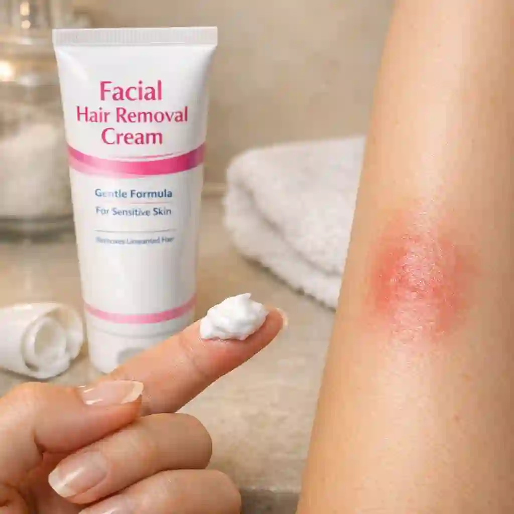 Warning about the chemical risks of depilatory creams while highlighting the many safety benefits of a mechanical facial hair removal machine when dealing with sensitive facial skin and coarse beard growth patterns.