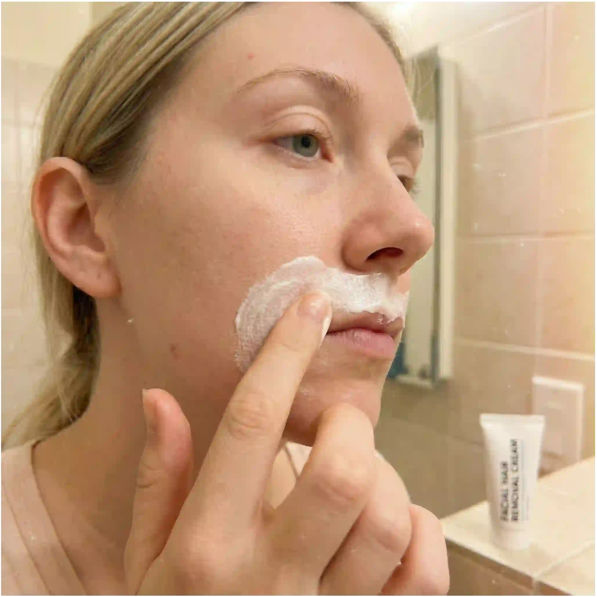 facial hair removal women depilatory cream example showing a painless chemical option that must be patch-tested before use on delicate skin.