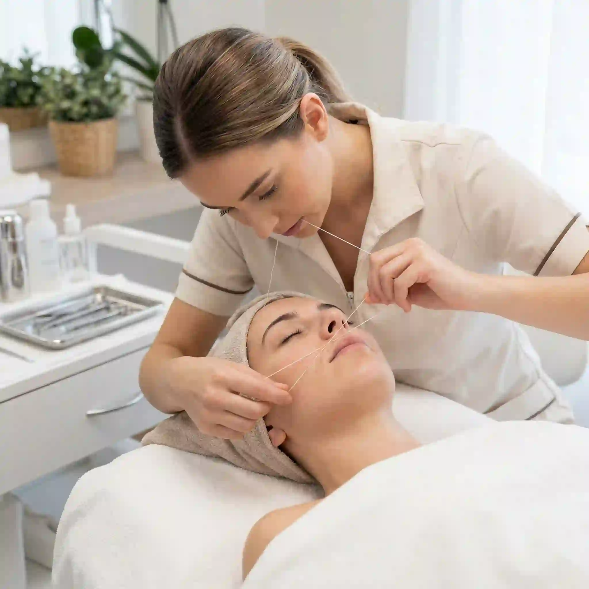 Facial hair threading is an ancient, highly precise facial hair removal method that masterfully shapes eyebrows and removes fine hairs without utilizing harsh chemicals or heat on the skin.