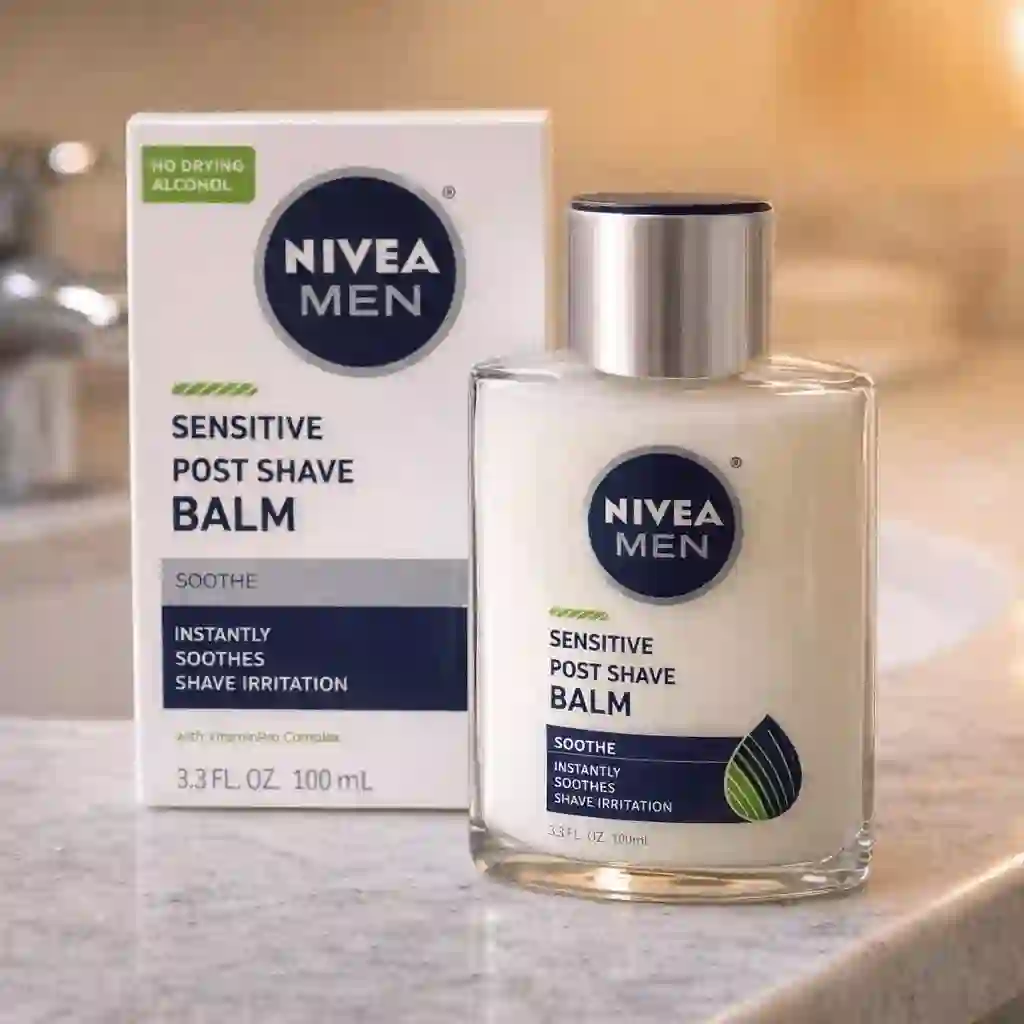 nivea sensitive post shave balm bottle shown as a calming alcohol free aftershave option for men seeking relief from redness dryness and shaving irritation