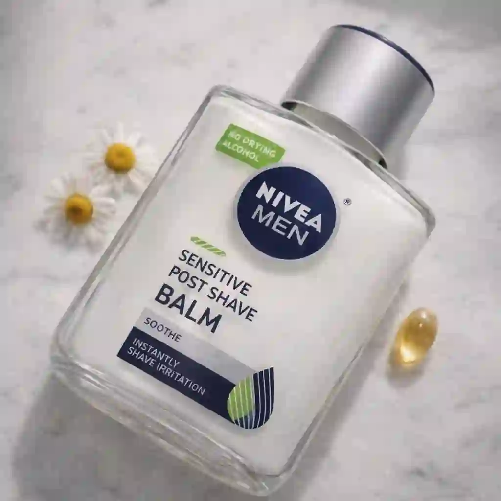 nivea sensitive post shave balm lotion texture highlighting a gentle post shave formula designed to hydrate sensitive skin without the harsh sting of alcohol