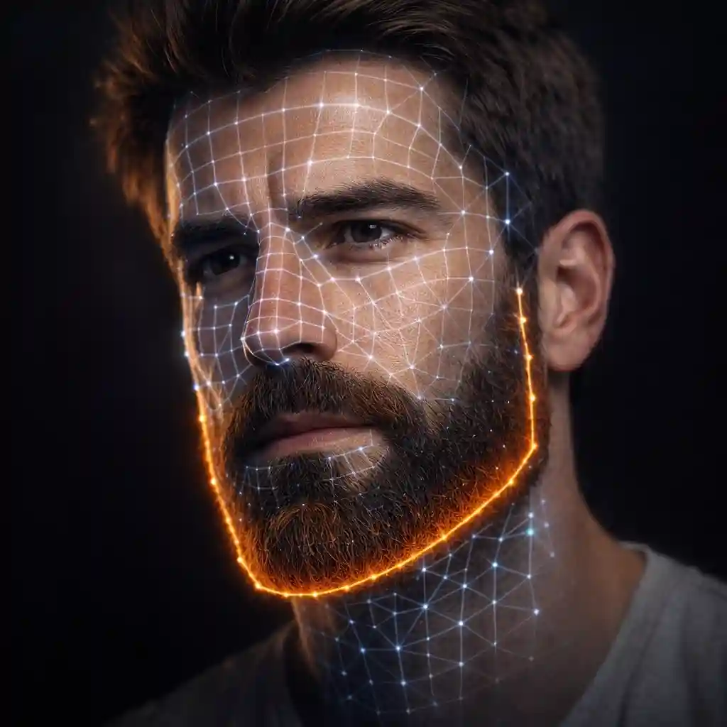 Facial feature preservation during AI beard removal showing natural jawline and skin reconstruction