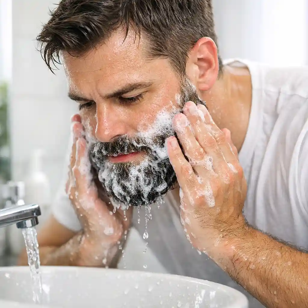 Beard cleaning and moisturizing routine showing beard shampoo conditioner and skin hydration steps most men skip