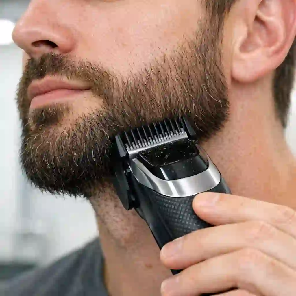 Beard fade step one using clippers with longer guard to establish chin length before blending shorter sideburn hair