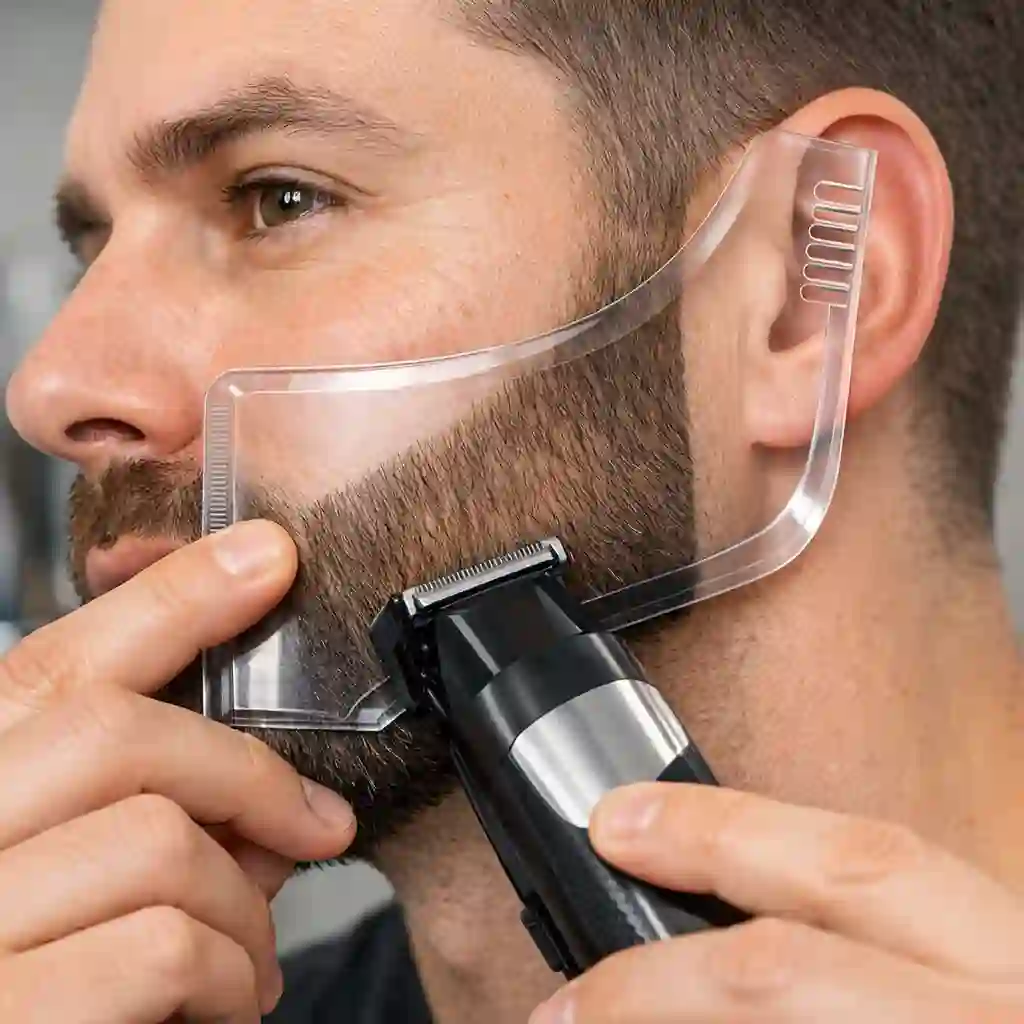 Beard shaper guide showing 7 steps to create symmetrical beards and fix uneven neck cheek lines with face shape matching