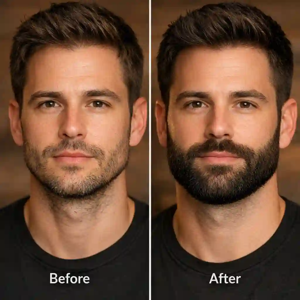 Beard enhancer product showing powder spray or cream fibers that cling to beard hairs for a fuller thicker appearance