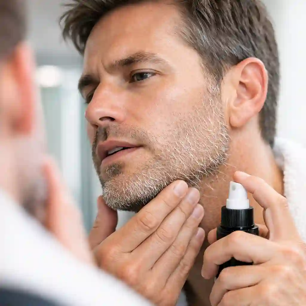 Hair identifier spray tool showing how it coats fine light-colored beard hairs for easier detection and perfect shave finish