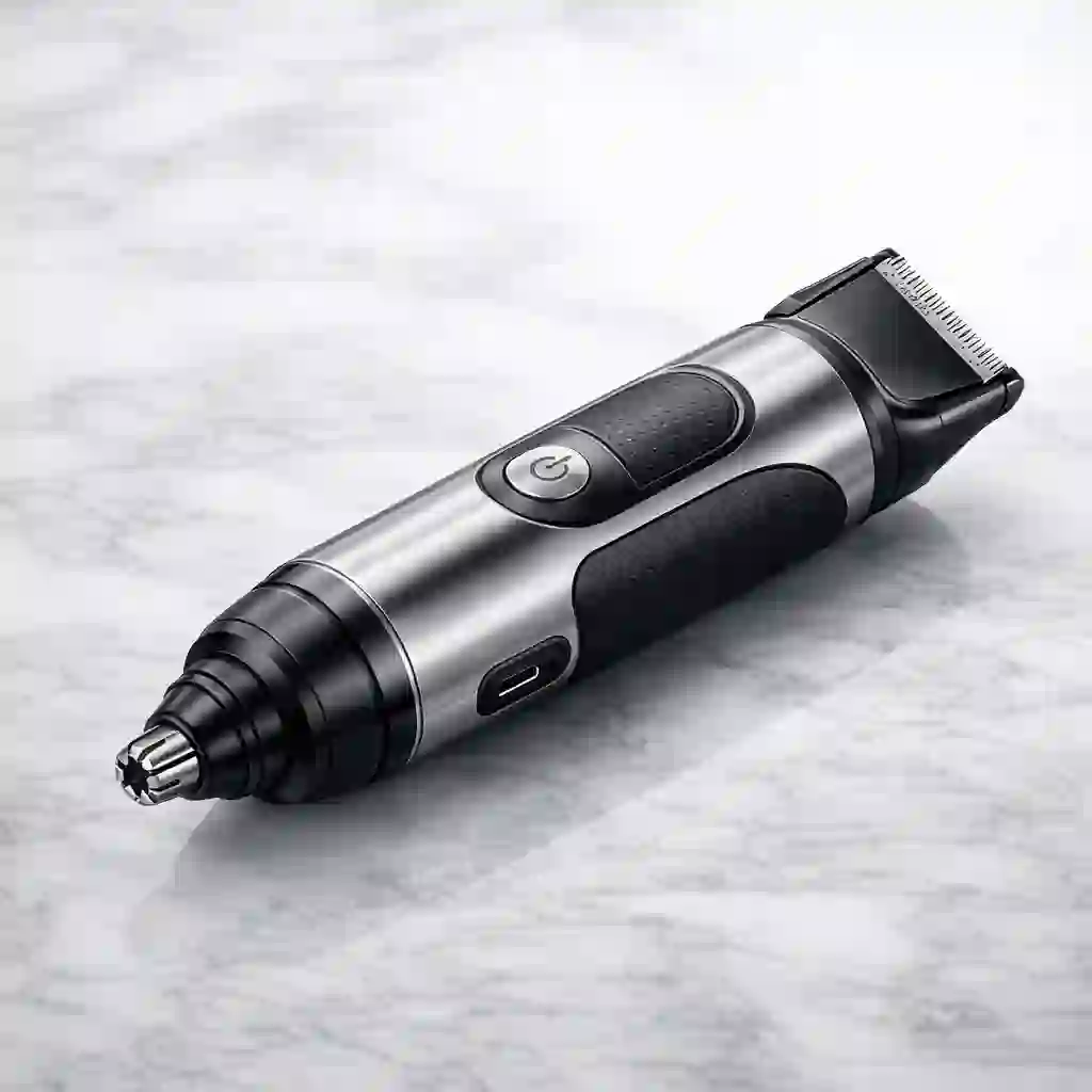 Beard and nose trimmer with rotary blade system for clean hygienic grooming of facial and ear nose hair