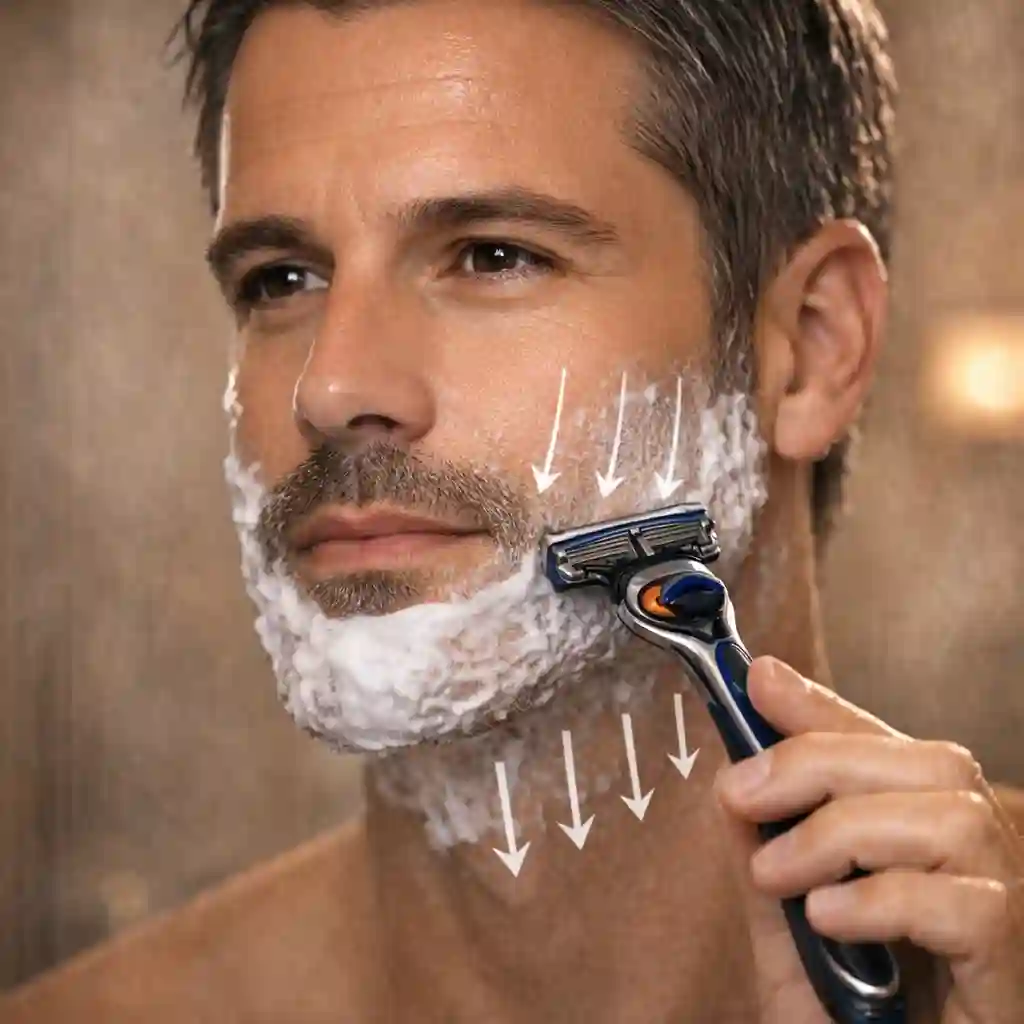 Wet shaving technique diagram showing correct stroke direction with the grain and light pressure for a smooth shave