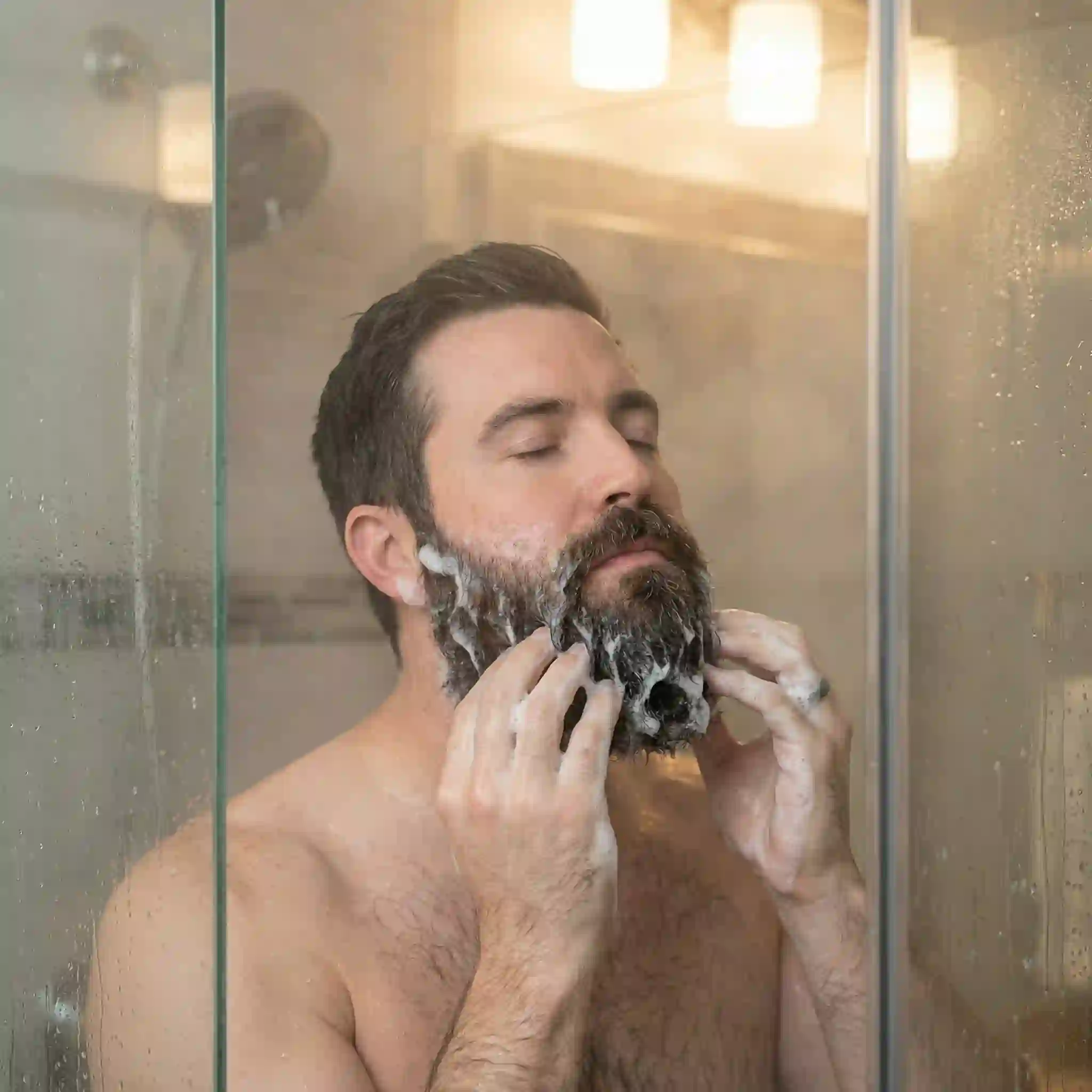 beard dandruff shampoo guide card showing flake control options for healthier facial hair and calmer skin after shaving