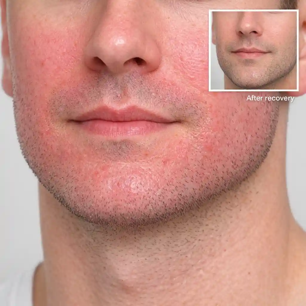 Laser beard removal side effects myth showing temporary redness and swelling that fades within days after treatment