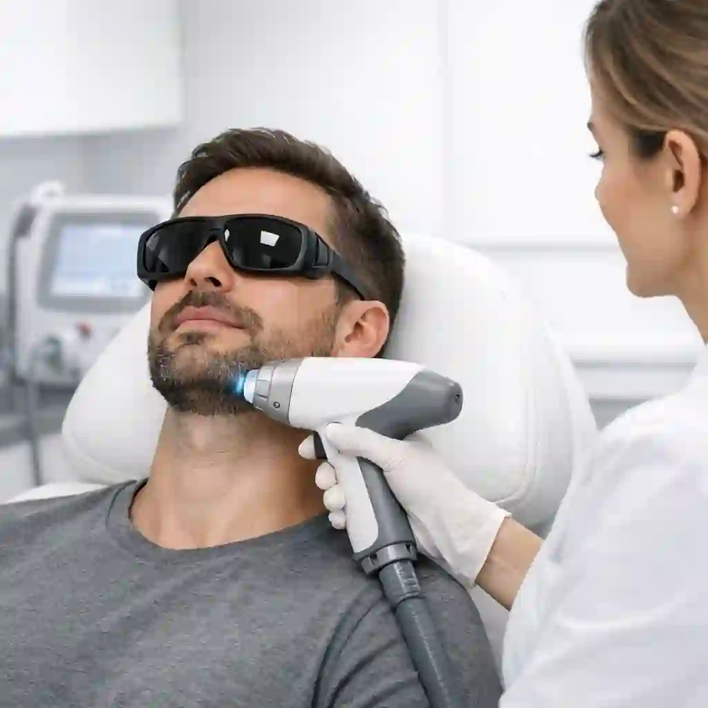 Laser beard removal pain myth debunked showing cooling technology and tolerable rubber band sensation during treatment