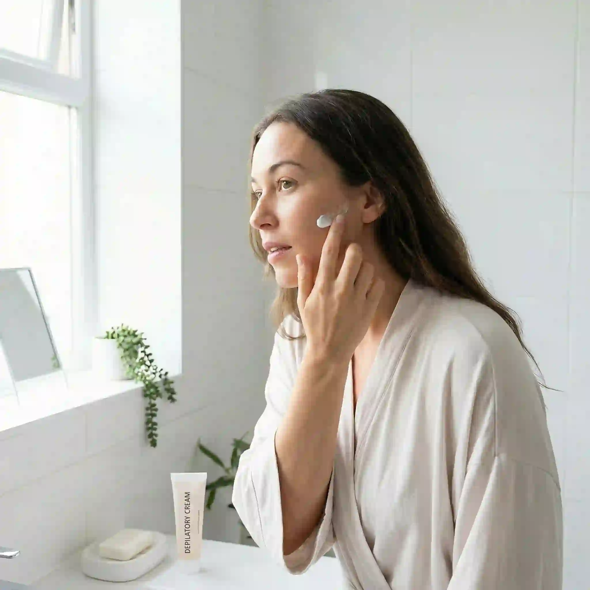 Patch test guide for women's facial hair removal cream showing small area test on jawline before full application