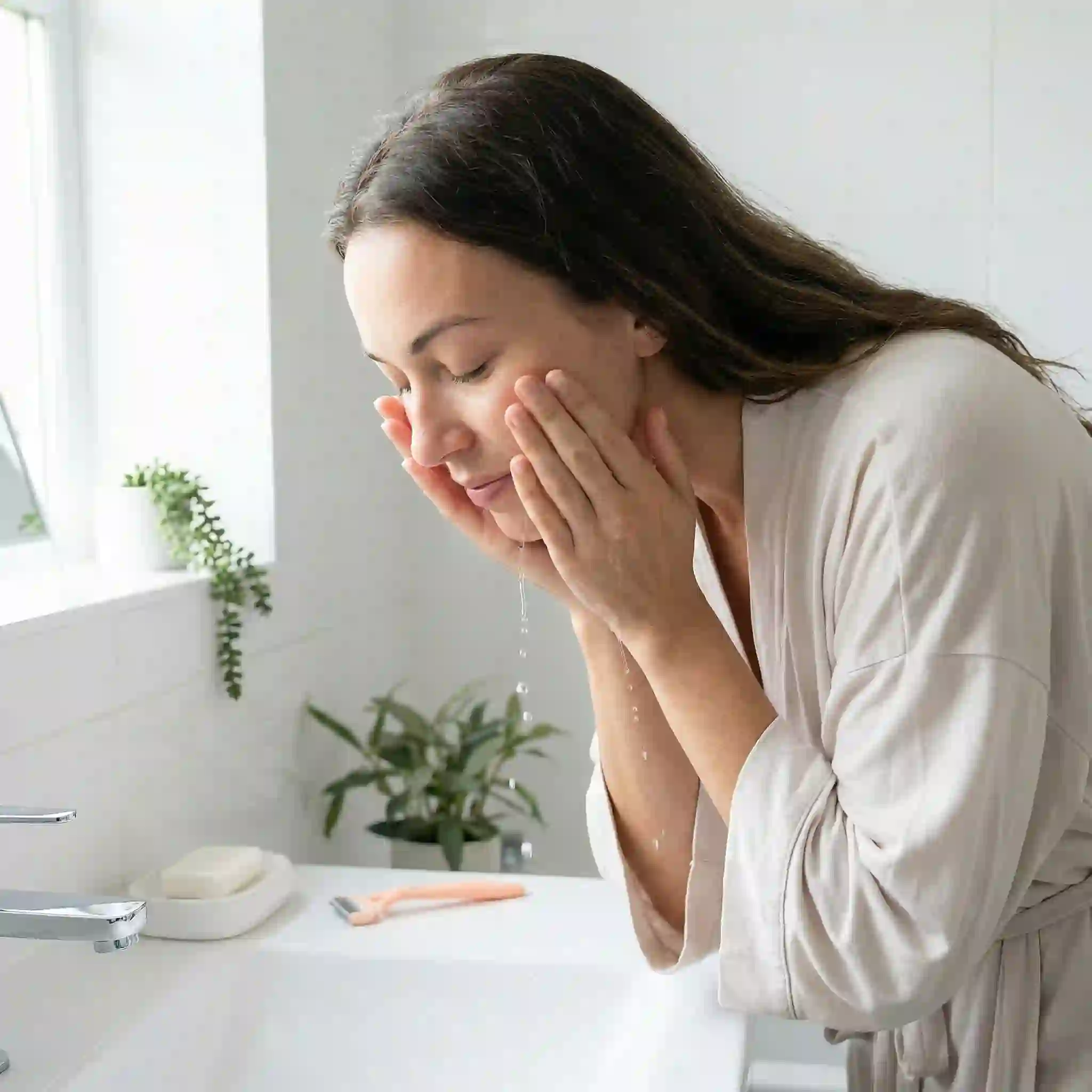 Post facial hair removal aftercare showing gentle cool water cleanse to soothe redness and remove residual cream