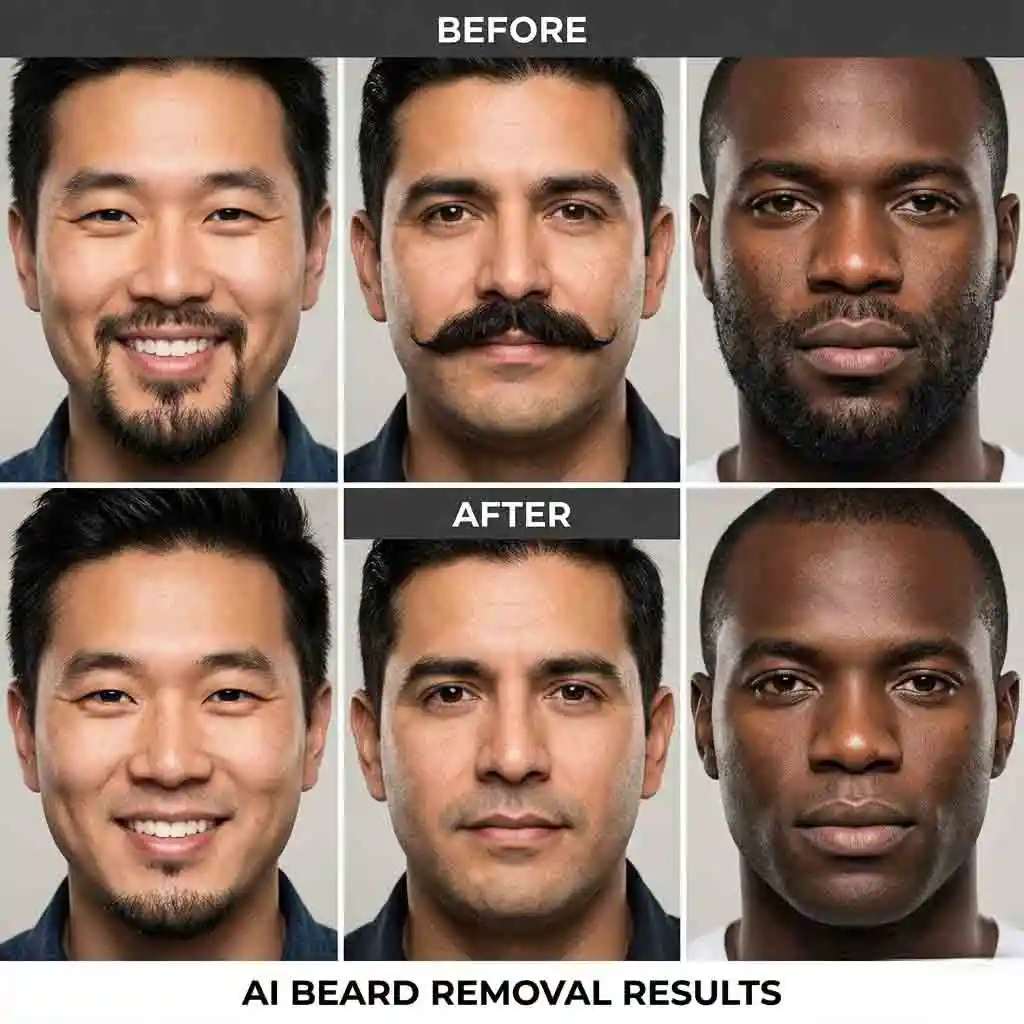 Generate the perfect stubble look using our no beard filter online free, transforming your full beard into a stylish and well-groomed appearance effortlessly.